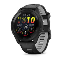 Black smartwatch with circular display showing time and fitness metrics at three-quarter angle