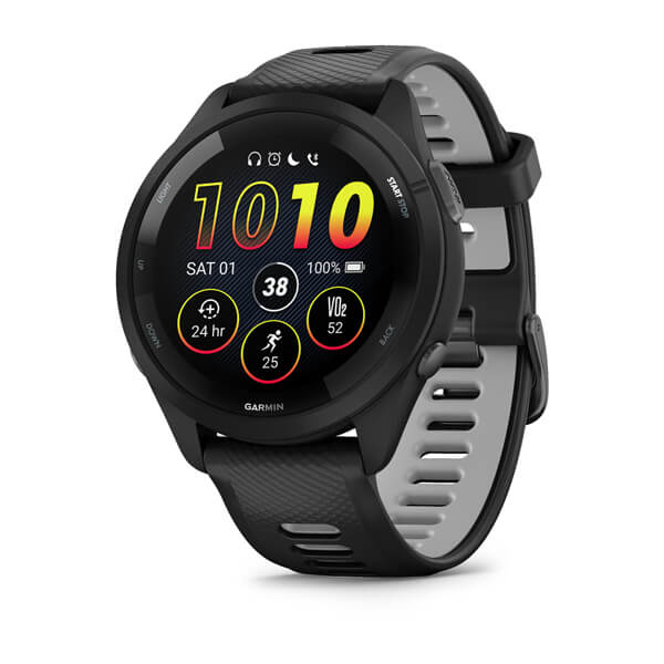 Black smartwatch with circular display showing time and fitness metrics at three-quarter angle