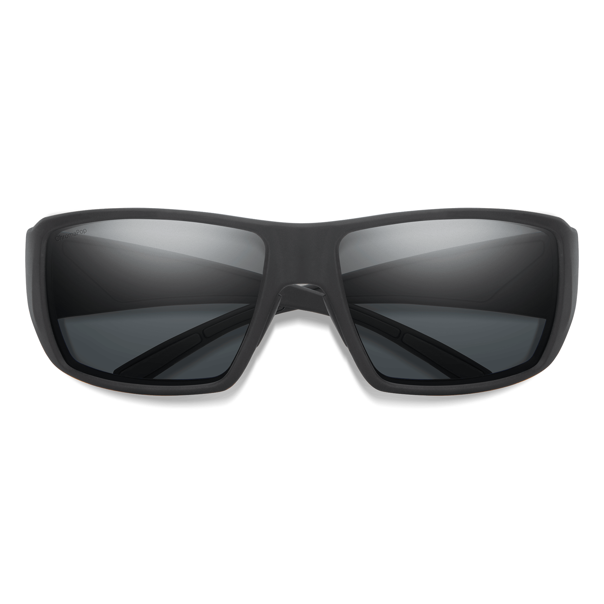 Matte black wraparound sunglasses with dark polarized lenses, front view on white background