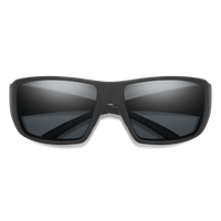 Matte black wraparound sunglasses with dark polarized lenses, front view on white background
