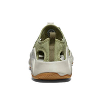 Olive green water shoe with mesh upper, drainage holes, and gum rubber sole, rear view
