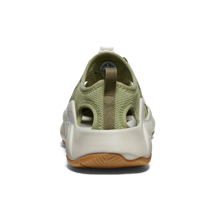 Olive green water shoe with mesh upper, drainage holes, and gum rubber sole, rear view