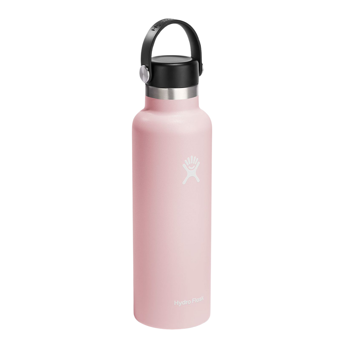 Light pink insulated stainless steel water bottle with black flex cap and carry loop, front view