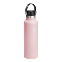 Light pink insulated stainless steel water bottle with black flex cap and carry loop, front view