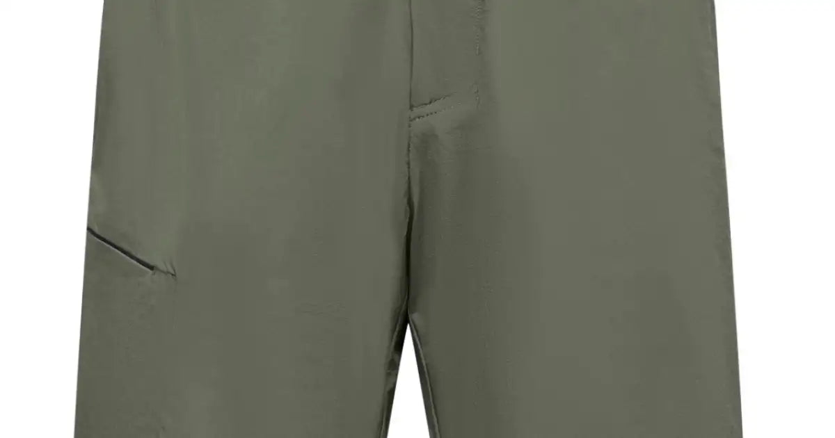 Olive green men's cargo shorts with slash pocket detail, flat lay front view