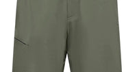 Olive green men's cargo shorts with slash pocket detail, flat lay front view