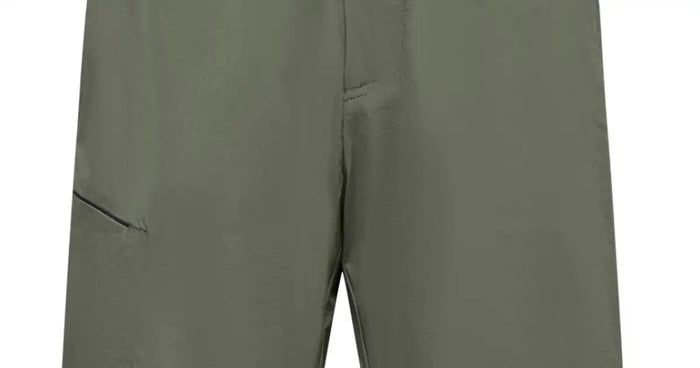 Olive green men's cargo shorts with slash pocket detail, flat lay front view