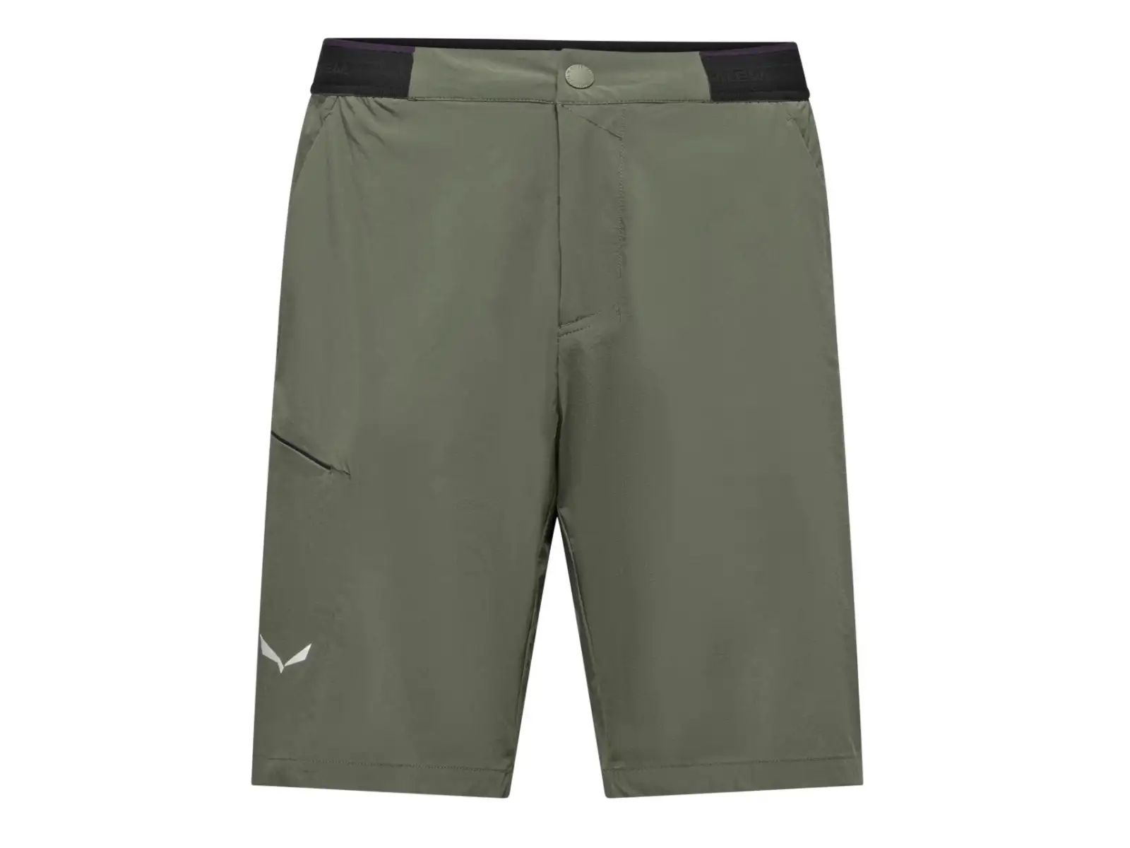 Olive green hiking shorts with elastic waistband, snap button closure, and angled side pocket, front view