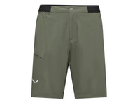 Olive green hiking shorts with elastic waistband, snap button closure, and angled side pocket, front view