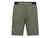 Olive green hiking shorts with elastic waistband, snap button closure, and angled side pocket, front view