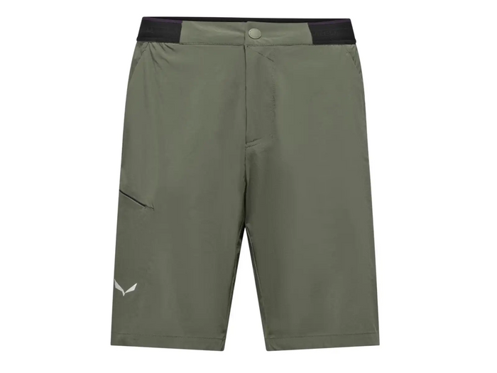 Olive green hiking shorts with elastic waistband, snap button closure, and angled side pocket, front view