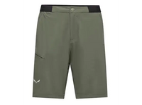 Olive green hiking shorts with black elastic waistband, zippered pocket, and snap button closure, front view