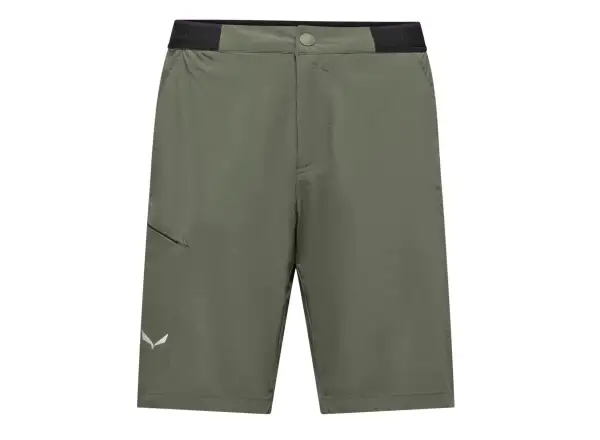 Olive green hiking shorts with black elastic waistband, zippered pocket, and snap button closure, front view