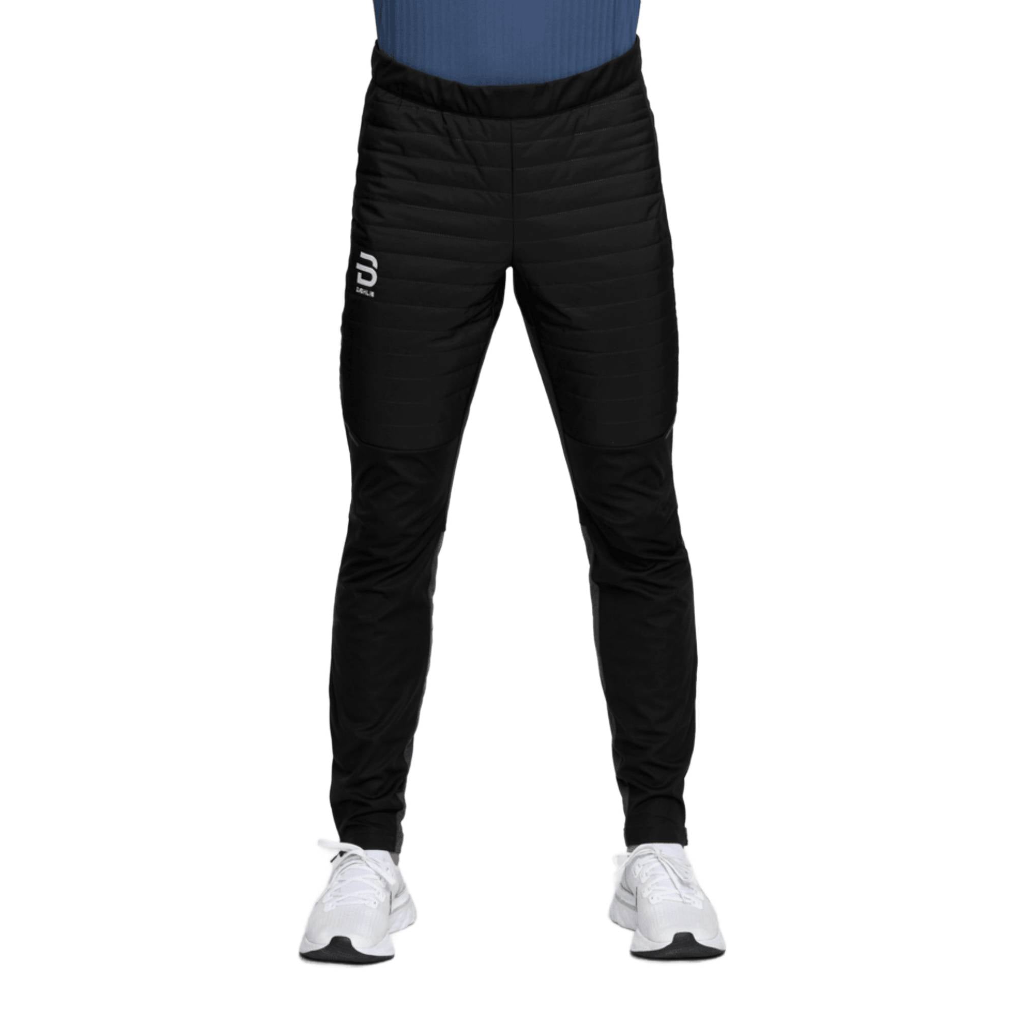 Black quilted insulated men's running pants, slim fit, front view on model