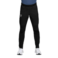 Black quilted insulated men's running pants, slim fit, front view on model