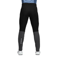 Men's athletic running pants, back view, black with dark grey lower leg panels