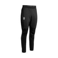 Black quilted insulated men's pants with stretch lower legs and ankle zippers, front view