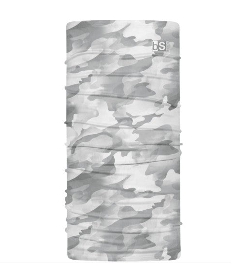Light gray camouflage tube scarf neck gaiter displayed flat against white background
