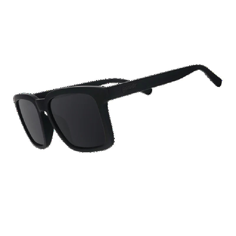 Black rectangular sunglasses with dark lenses shown at three-quarter angle view