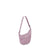 Small crescent-shaped crossbody pouch with adjustable strap and front zip pocket, side view