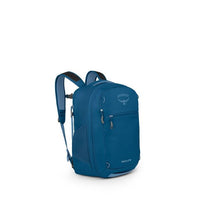 Blue expandable travel backpack with front zip pocket, side mesh pocket, and padded straps, side angle view
