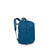 Blue expandable travel backpack with front zip pocket, side mesh pocket, and padded straps, side angle view