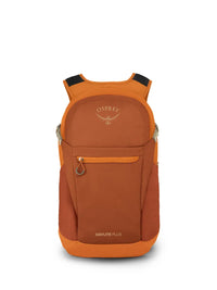 Orange daypack with front zip pocket, mesh side panels, and padded shoulder straps, front view