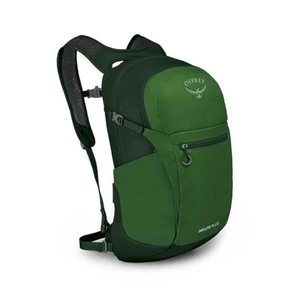 Two-tone green daypack with padded straps, front zip pocket, and sternum strap, side view