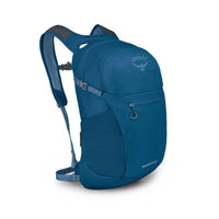Blue daypack with front zip pocket, padded shoulder straps, and mesh back panel, side angle view