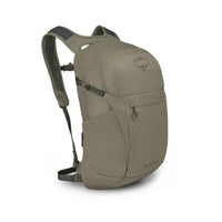Tan daypack with front zip pocket, padded shoulder straps, and chest strap, side angle view