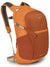 Orange daypack with darker rust lower panel, side angle showing chest strap and front zip pocket