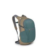 Daypack with teal front pocket and tan body, side angle showing padded shoulder straps and zippered compartments