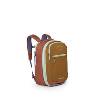 Expandable backpack with brown front panel, rust straps, mint zippers, and blue accents, side angle view