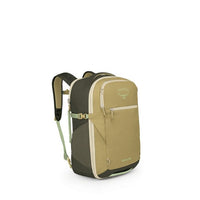Travel backpack with tan front panel, olive green accents, and mint straps, side angle view