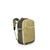 35-liter travel backpack with tan front panel, olive side panels, and mint green straps, side angle view