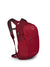 Red daypack with padded shoulder straps, front zip pocket, and mesh back panel, side view