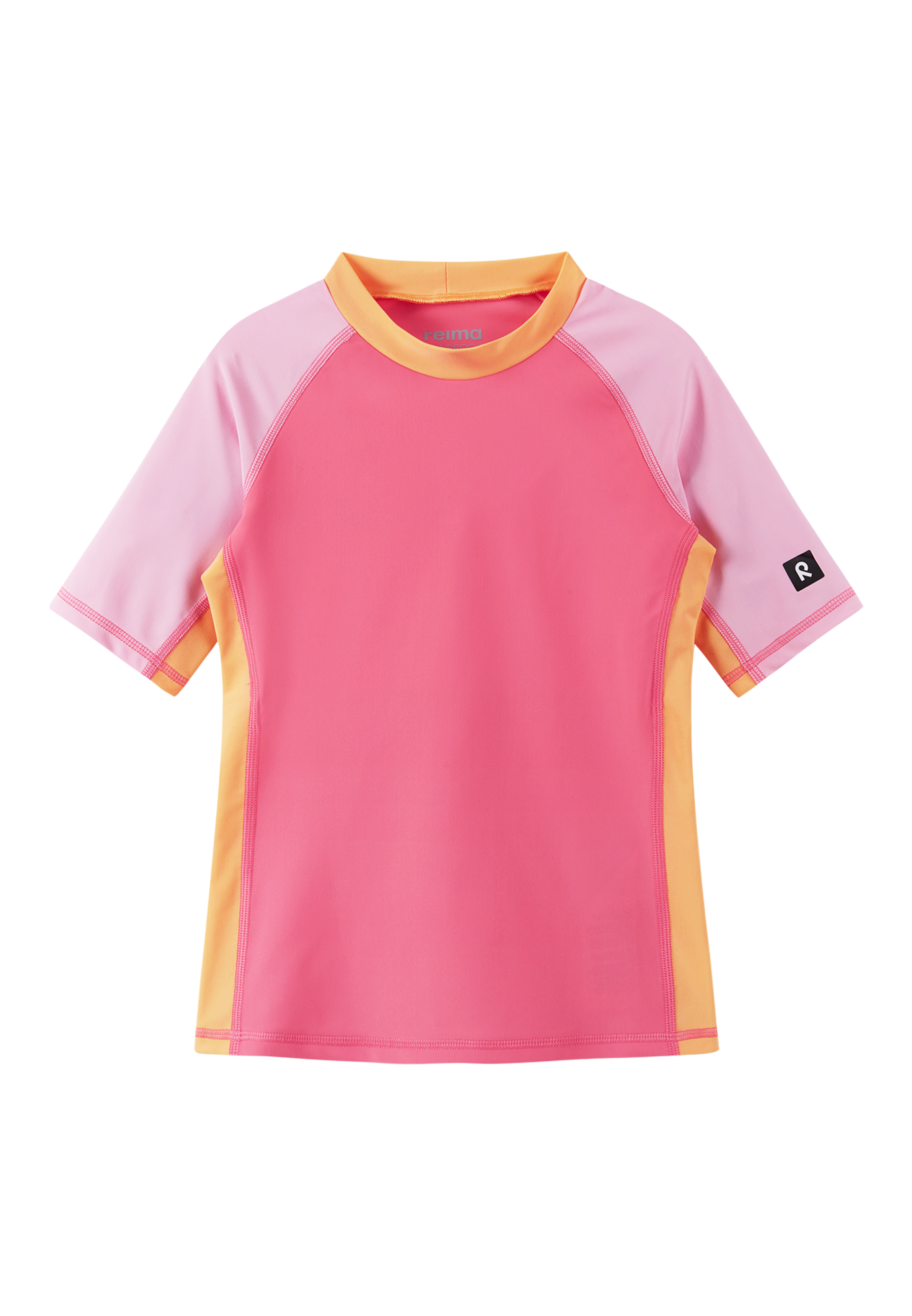 Children's short sleeve swim shirt in coral pink with colorblock sleeves and orange collar