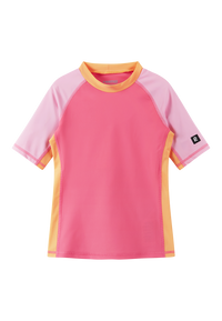 Children's short sleeve swim shirt in coral pink with colorblock sleeves and orange collar