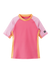 Children's short sleeve swim shirt in coral pink with colorblock sleeves and orange collar