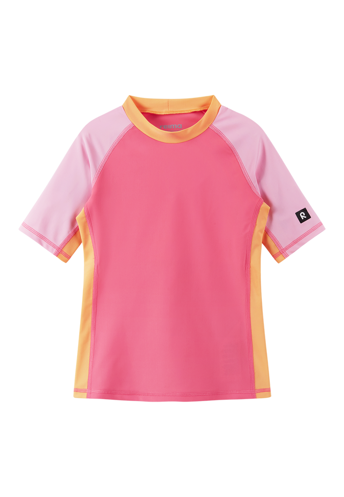 Children's short sleeve swim shirt in coral pink with colorblock sleeves and orange collar