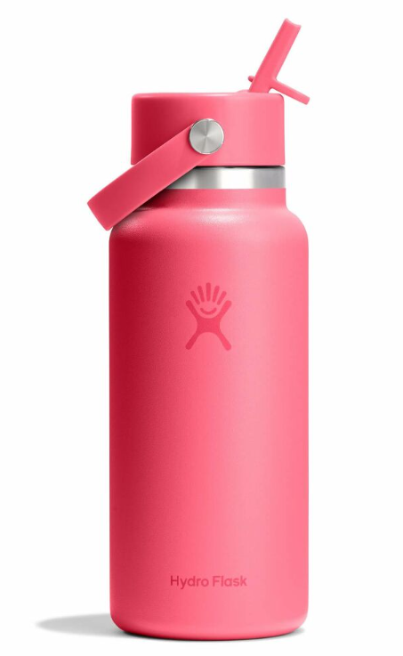32oz wide mouth insulated water bottle with flex straw cap and carry handle, front view