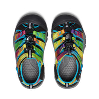 Children's closed-toe water sandals with rainbow striped webbing straps and black protective toe caps