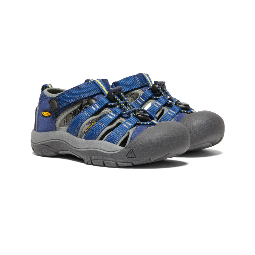 Blue and gray children's sport sandals with adjustable straps and protective toe cap