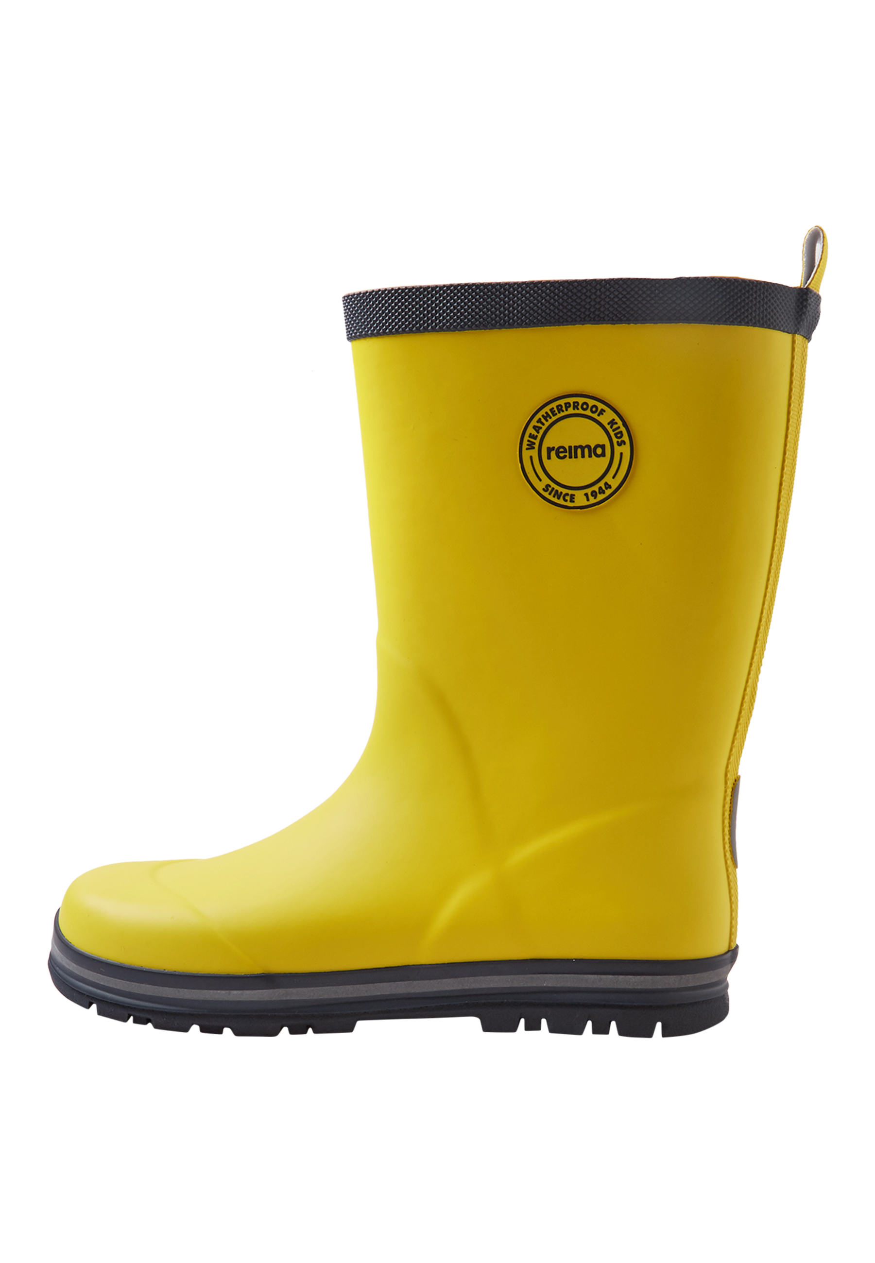 Bright yellow rain boot with black sole and trim, side profile view