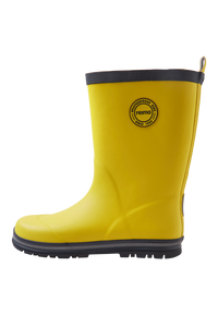 Bright yellow rain boot with black sole and trim, side profile view