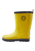 Bright yellow rain boot with black sole and trim, side profile view