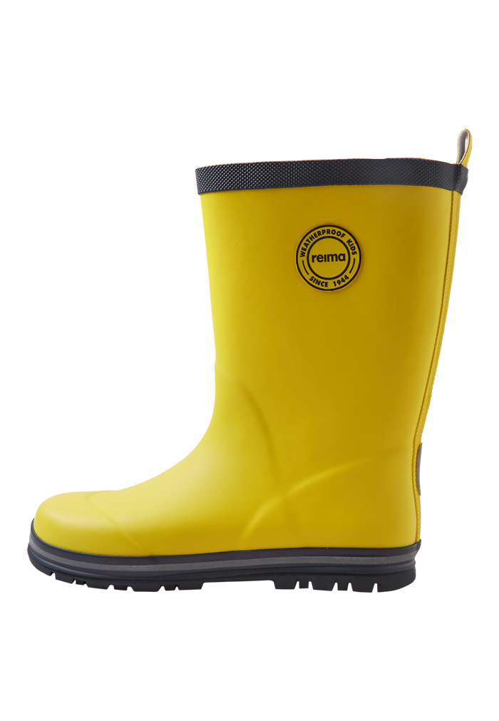 Bright yellow rain boot with black sole and trim, side profile view