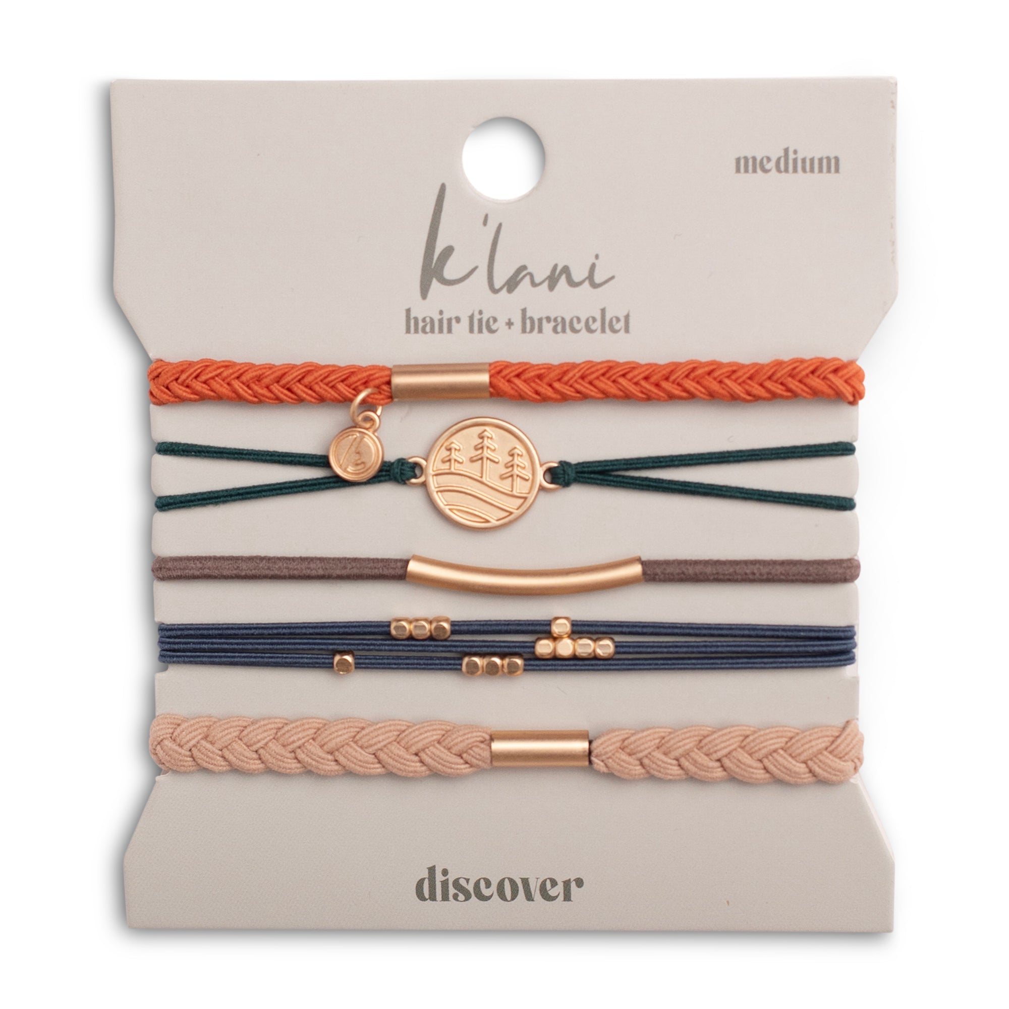Set of five hair tie bracelets in earthy tones with rose gold accents on branded card
