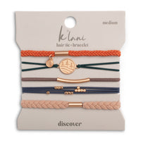 Set of five hair tie bracelets in earthy tones with rose gold accents on branded card