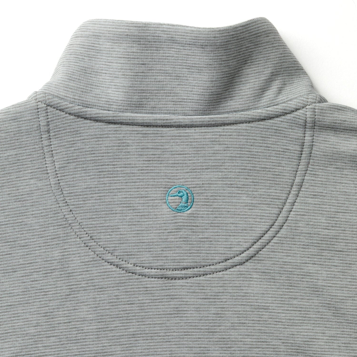 Light grey striped quarter-zip pullover with collar detail, back view close-up